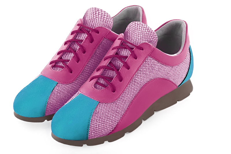 Turquoise blue and carnation pink women's open back shoes. Round toe. Flat rubber soles. Front view - Florence KOOIJMAN